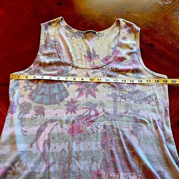 Multicolor Tattoo Print Ribbed Knit Tunic Top with Lace Bottom Edge  1X Summer - Picture 5 of 6